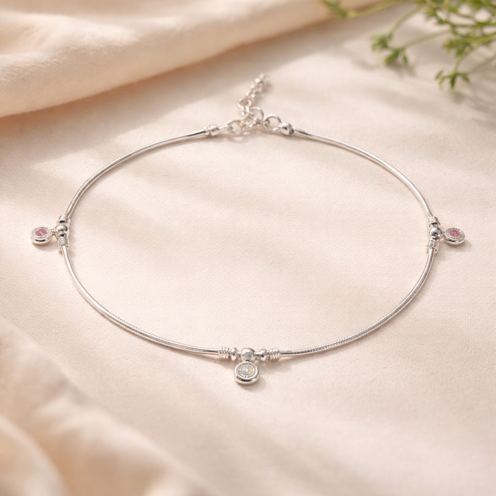 Sterling Silver 925 Charm Anklet with Pink & Crystal Accents – Elegant Minimal Design
