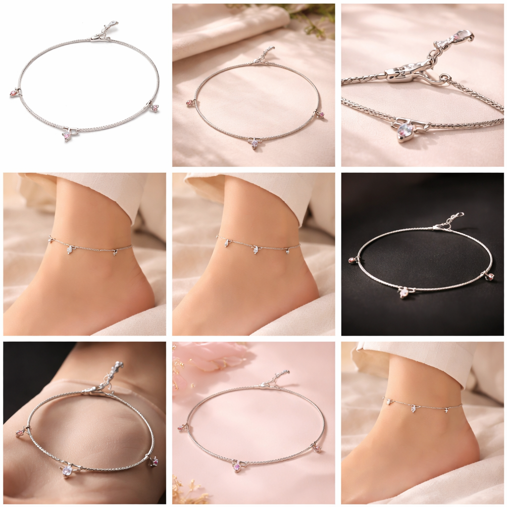 Sterling Silver 925 Charm Anklet with Pink & Crystal Accents – Elegant Minimal Design