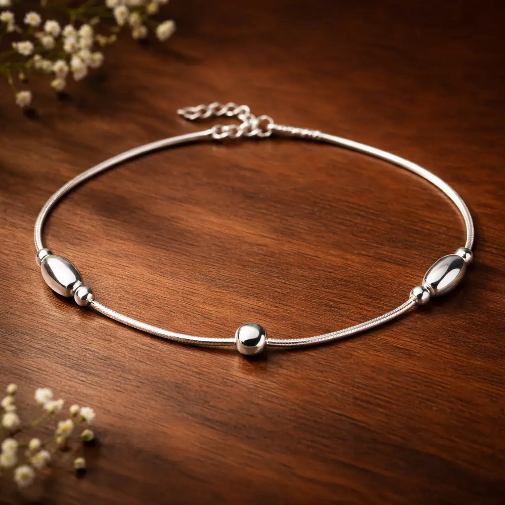 Sterling Silver 925 Minimal Oval Bead Anklet – Sleek Everyday Elegance