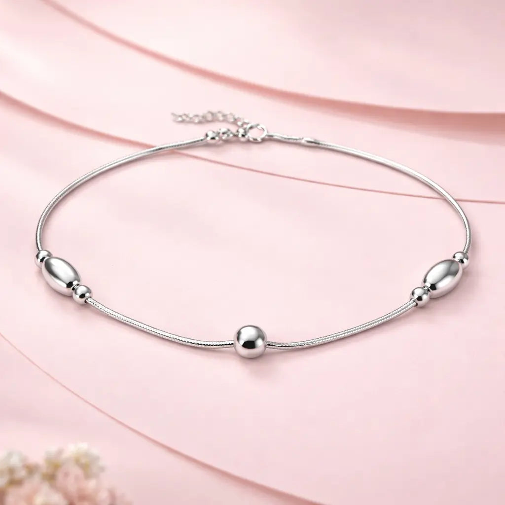 Sterling Silver 925 Minimal Oval Bead Anklet – Sleek Everyday Elegance