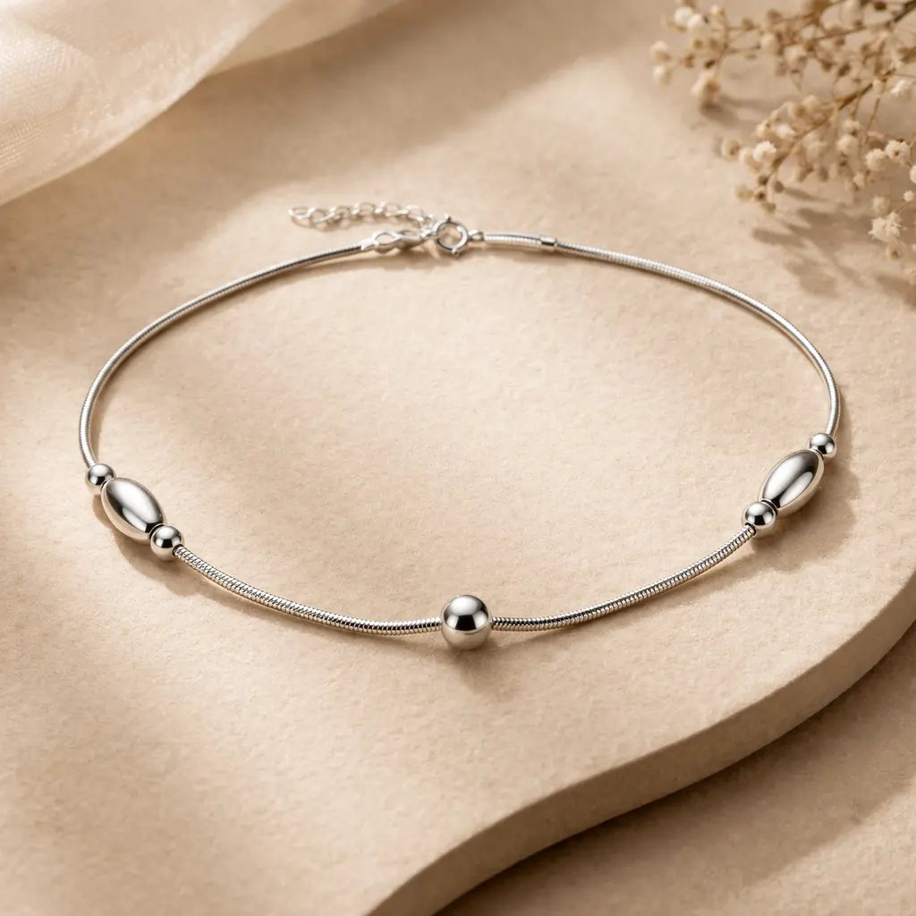 Sterling Silver 925 Minimal Oval Bead Anklet – Sleek Everyday Elegance