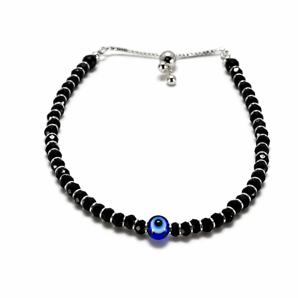 Evil Eye Black Beaded Anklet – Adjustable Sterling Silver 925 Protection Anklet