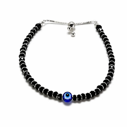 Evil Eye Black Beaded Anklet – Adjustable Sterling Silver 925 Protection Anklet