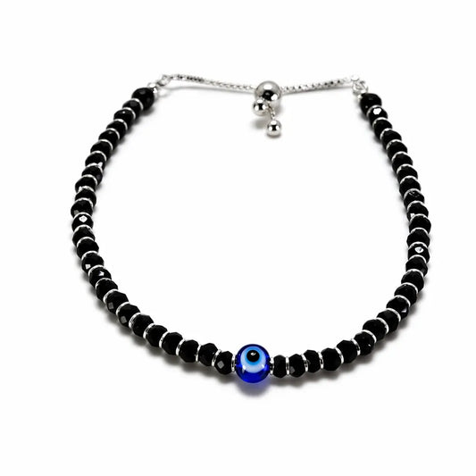 Evil Eye Black Beaded Anklet – Adjustable Sterling Silver 925 Protection Anklet