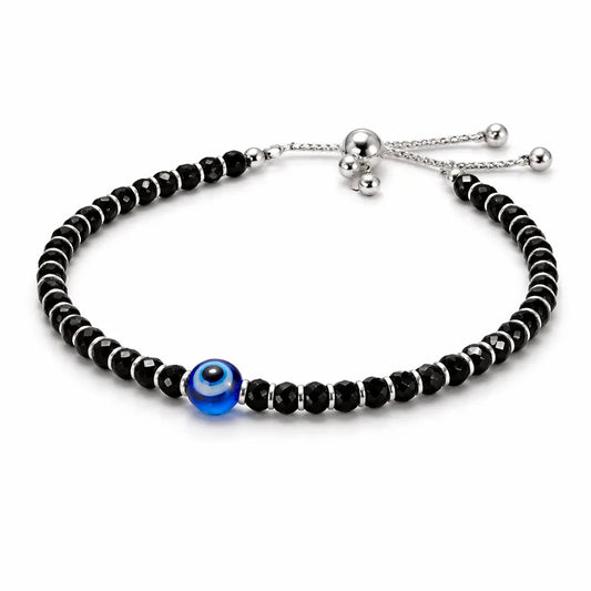 Evil Eye Black Beaded Anklet – Adjustable Sterling Silver 925 Protection Anklet