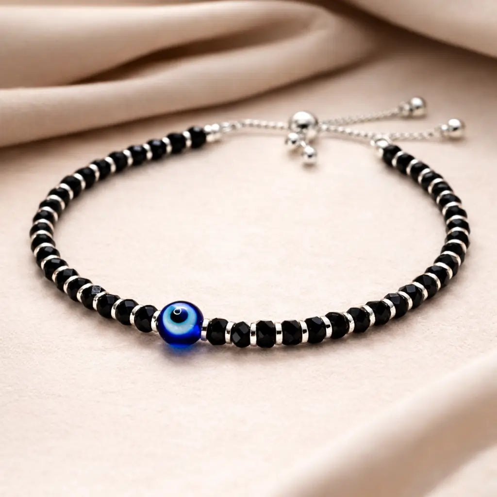 Evil Eye Black Beaded Anklet – Adjustable Sterling Silver 925 Protection Anklet