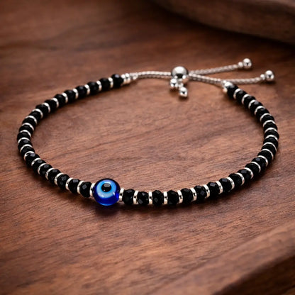 Evil Eye Black Beaded Anklet – Adjustable Sterling Silver 925 Protection Anklet