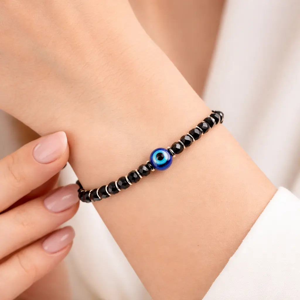 Evil Eye Black Beaded Anklet – Adjustable Sterling Silver 925 Protection Anklet
