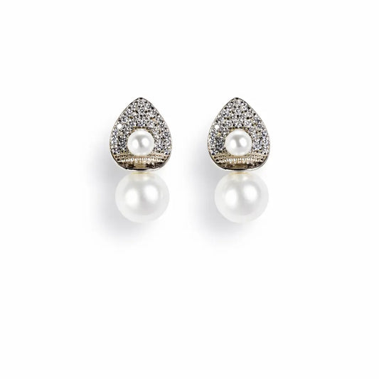 Pearl Drop Teardrop Stud Earrings – Sterling Silver 925 Crystal Stud Earrings