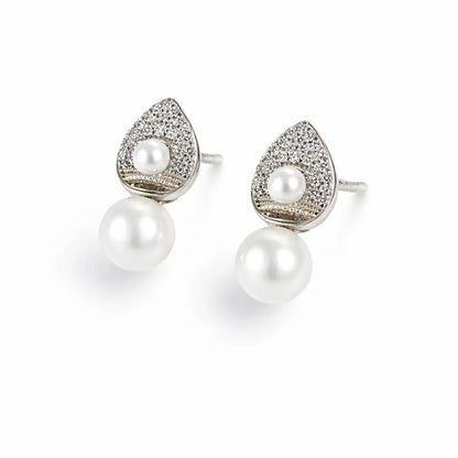 Pearl Drop Teardrop Stud Earrings – Sterling Silver 925 Crystal Stud Earrings