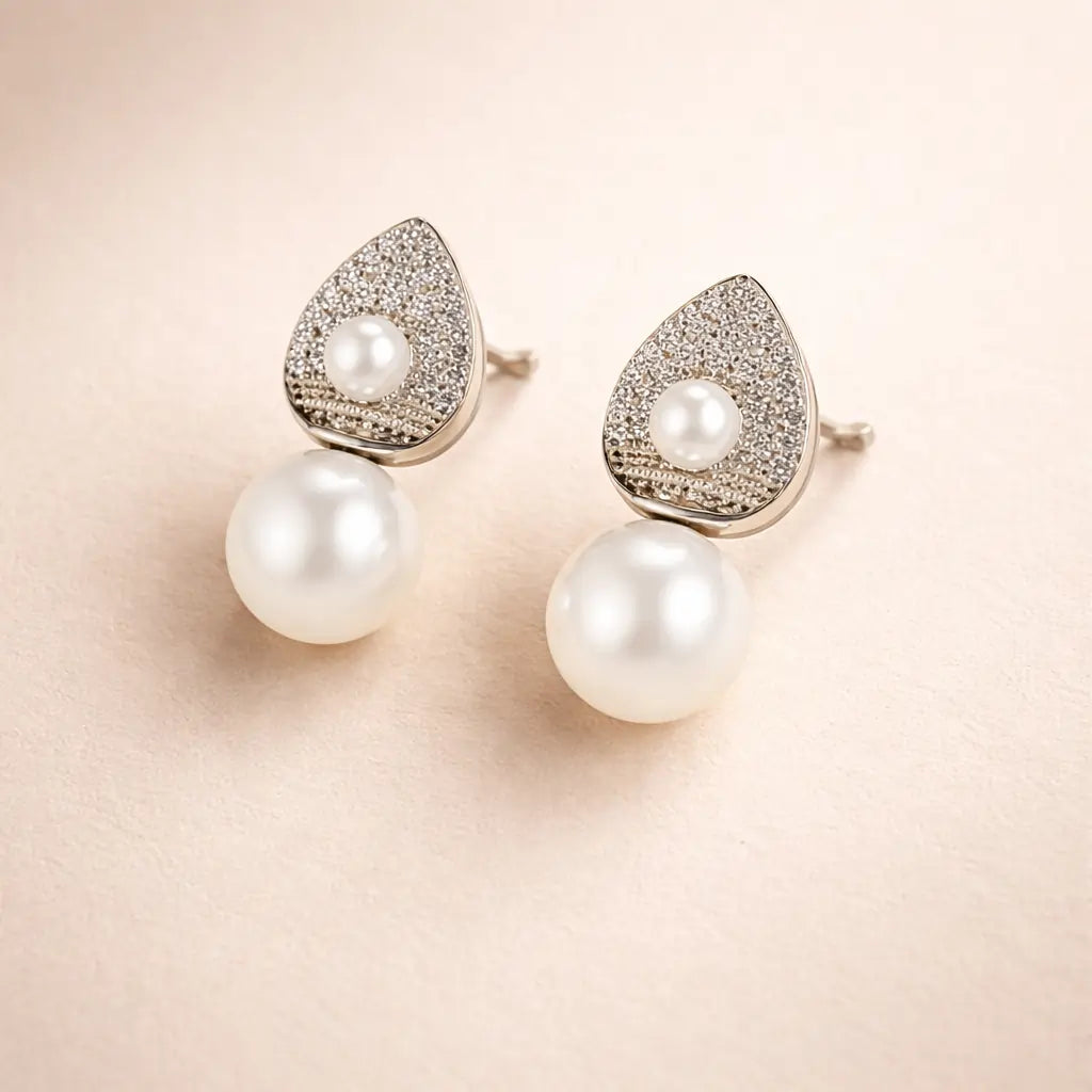 Pearl Drop Teardrop Stud Earrings – Sterling Silver 925 Crystal Stud Earrings