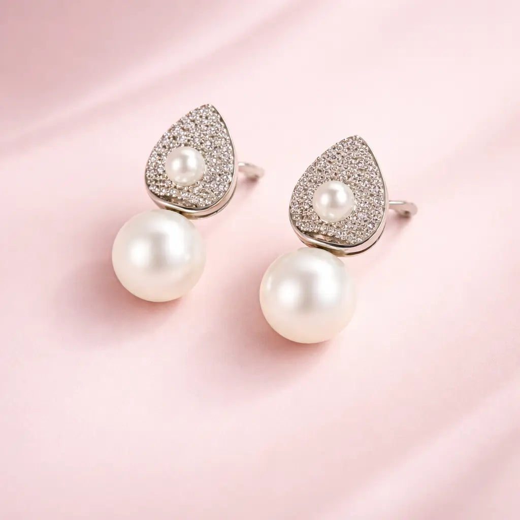 Pearl Drop Teardrop Stud Earrings – Sterling Silver 925 Crystal Stud Earrings