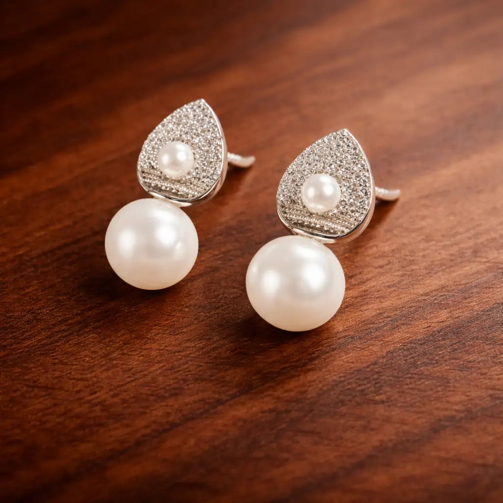 Pearl Drop Teardrop Stud Earrings – Sterling Silver 925 Crystal Stud Earrings