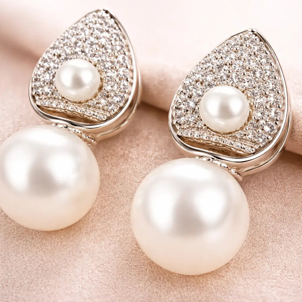 Pearl Drop Teardrop Stud Earrings – Sterling Silver 925 Crystal Stud Earrings