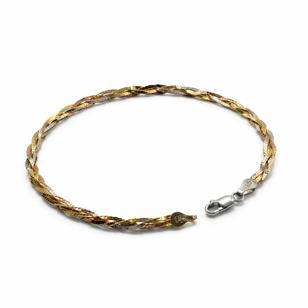 Italian Tri-Color Twisted Anklet in 925 Sterling Silver