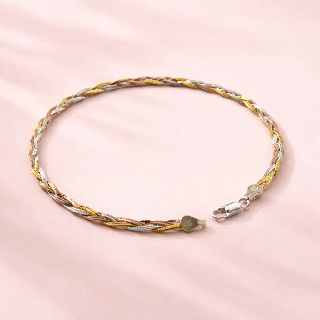 Italian Tri-Color Twisted Anklet in 925 Sterling Silver