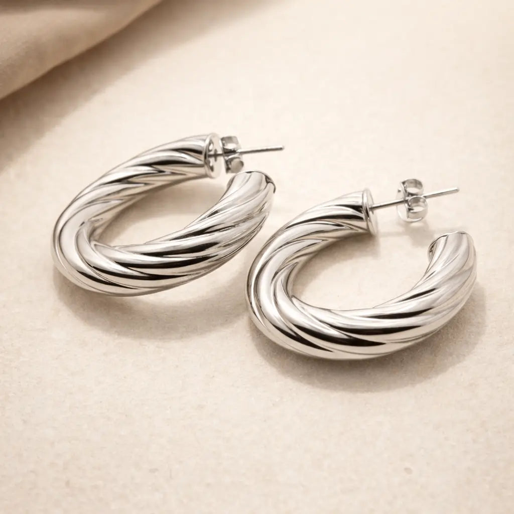 Twisted Hoop Earrings – Sterling Silver 925 Textured Chunky Hoops