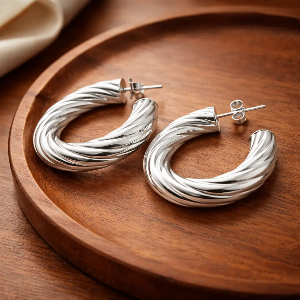 Twisted Hoop Earrings – Sterling Silver 925 Textured Chunky Hoops