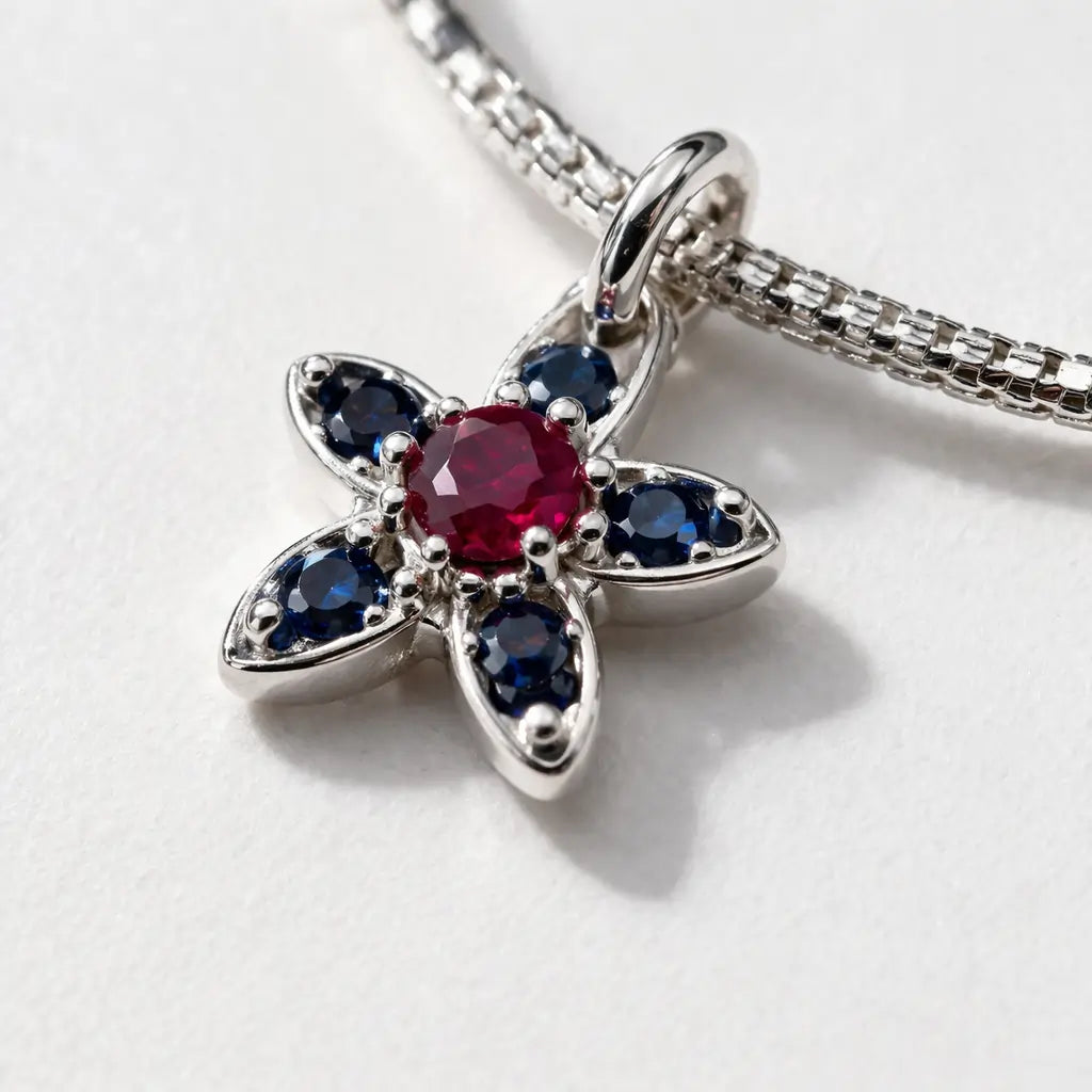 Floral Charm Anklet with Pink Stone in 925 Sterling Silver