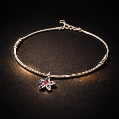 Floral Charm Anklet with Pink Stone in 925 Sterling Silver