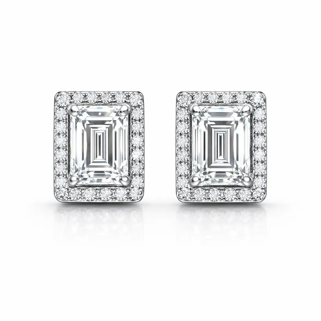 Swarovski Emerald Cut Stud Earrings – Sterling Silver 925 Halo Crystal Earrings