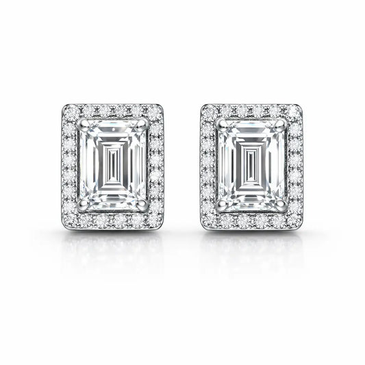 Swarovski Emerald Cut Stud Earrings – Sterling Silver 925 Halo Crystal Earrings