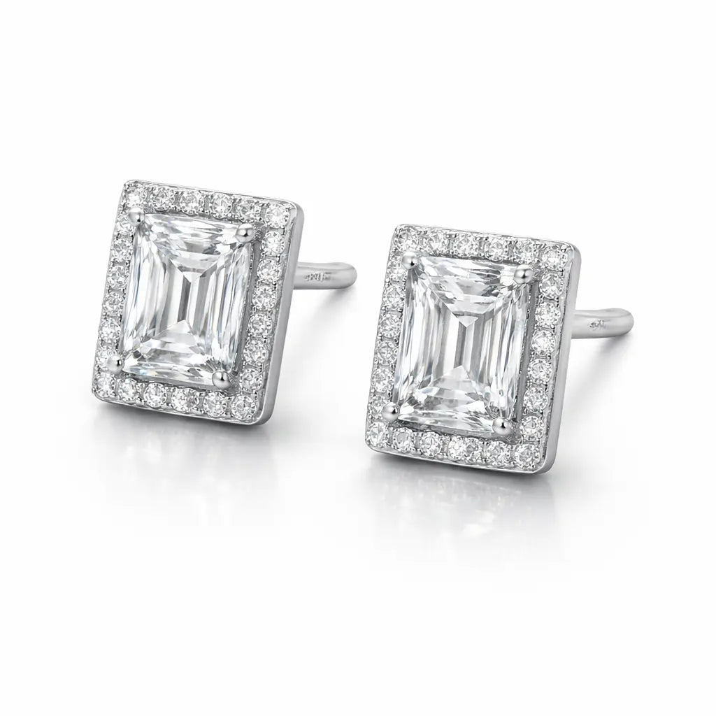 Swarovski Emerald Cut Stud Earrings – Sterling Silver 925 Halo Crystal Earrings