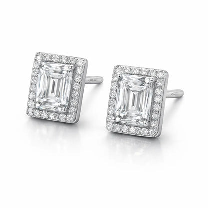 Swarovski Emerald Cut Stud Earrings – Sterling Silver 925 Halo Crystal Earrings