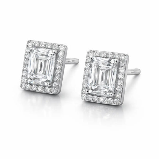 Swarovski Emerald Cut Stud Earrings – Sterling Silver 925 Halo Crystal Earrings