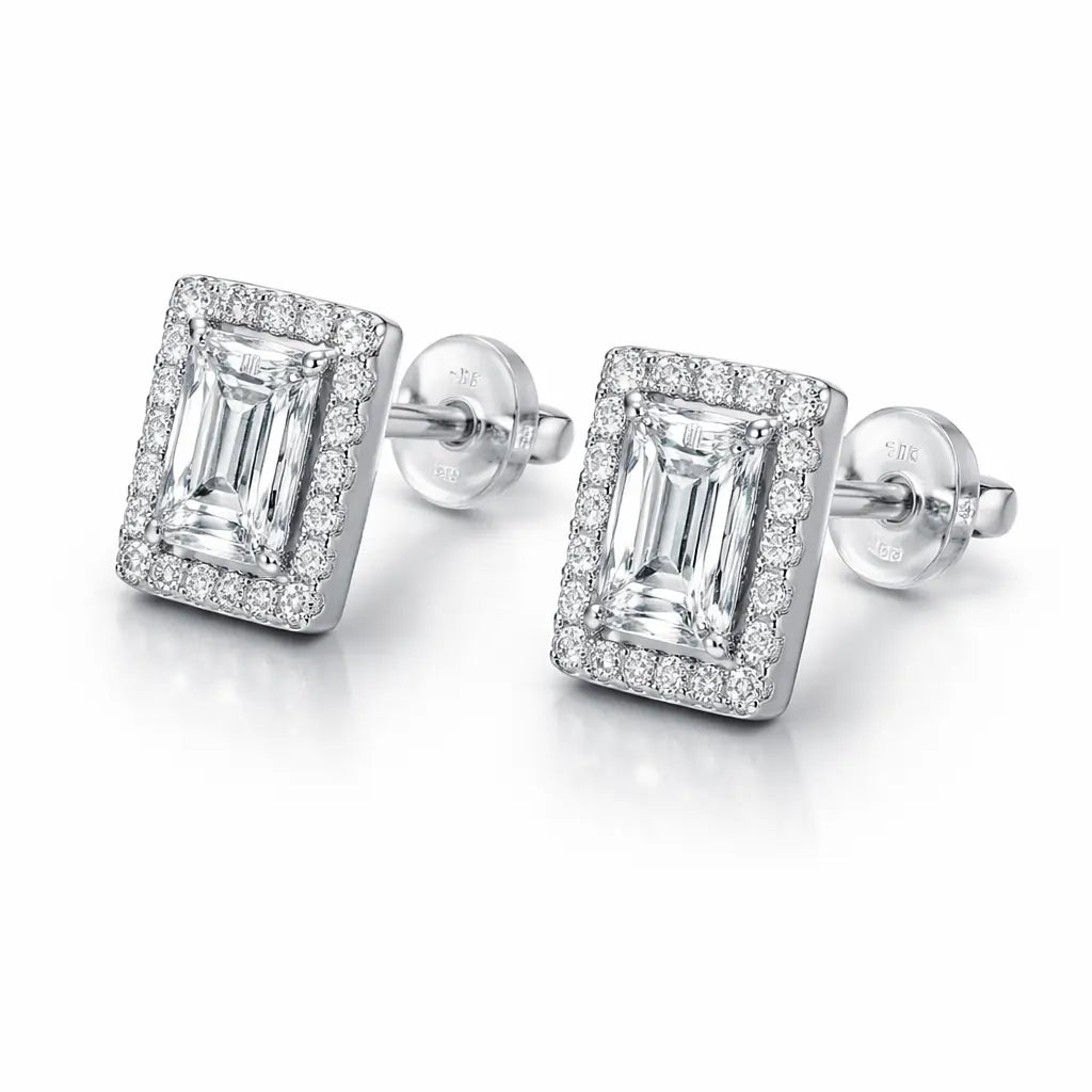 Swarovski Emerald Cut Stud Earrings – Sterling Silver 925 Halo Crystal Earrings