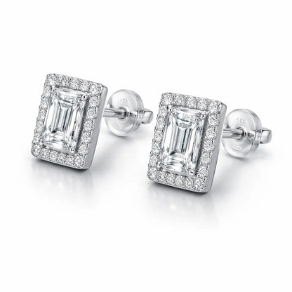 Swarovski Emerald Cut Stud Earrings – Sterling Silver 925 Halo Crystal Earrings