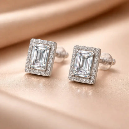 Swarovski Emerald Cut Stud Earrings – Sterling Silver 925 Halo Crystal Earrings