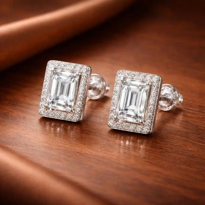 Swarovski Emerald Cut Stud Earrings – Sterling Silver 925 Halo Crystal Earrings