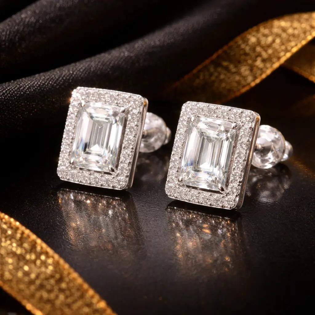 Swarovski Emerald Cut Stud Earrings – Sterling Silver 925 Halo Crystal Earrings