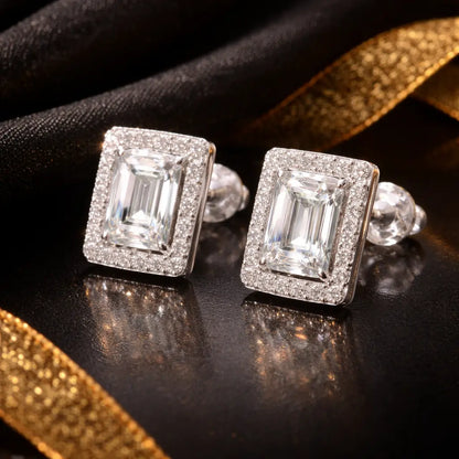 Swarovski Emerald Cut Stud Earrings – Sterling Silver 925 Halo Crystal Earrings