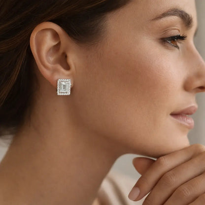 Swarovski Emerald Cut Stud Earrings – Sterling Silver 925 Halo Crystal Earrings