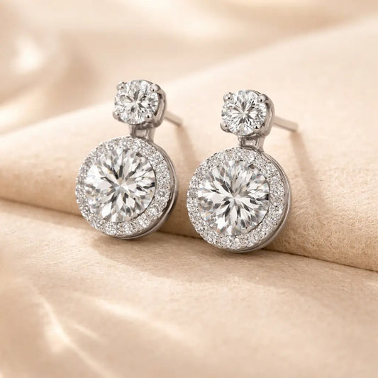 Swarovski Halo Drop Stud Earrings – Sterling Silver 925 Double Crystal Earrings