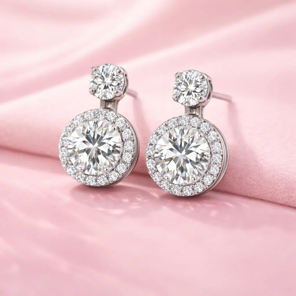 Swarovski Halo Drop Stud Earrings – Sterling Silver 925 Double Crystal Earrings
