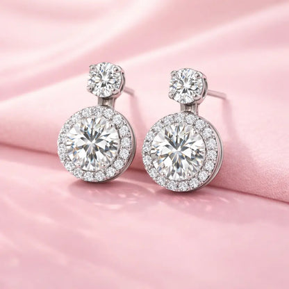 Swarovski Halo Drop Stud Earrings – Sterling Silver 925 Double Crystal Earrings