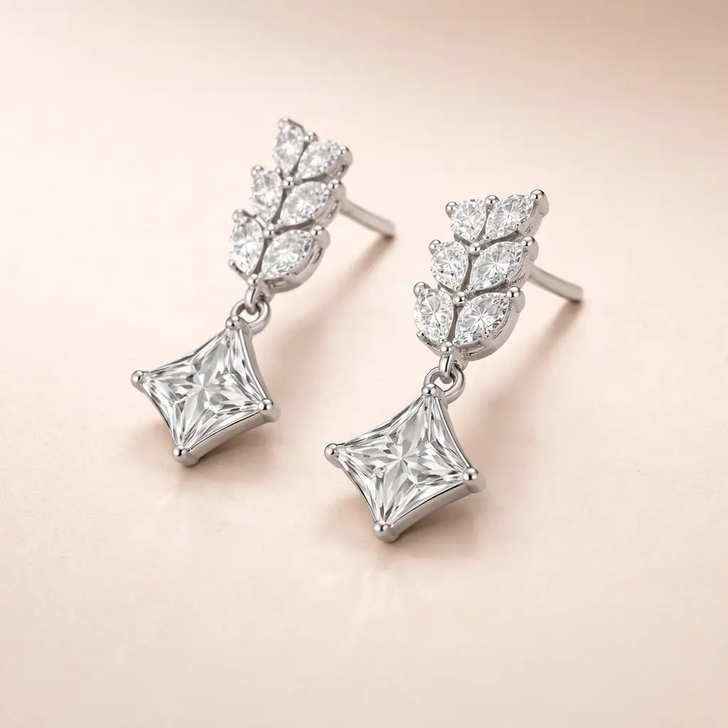 Swarovski Leaf Drop Earrings – Sterling Silver 925 Princess Cut Dangle Earrings