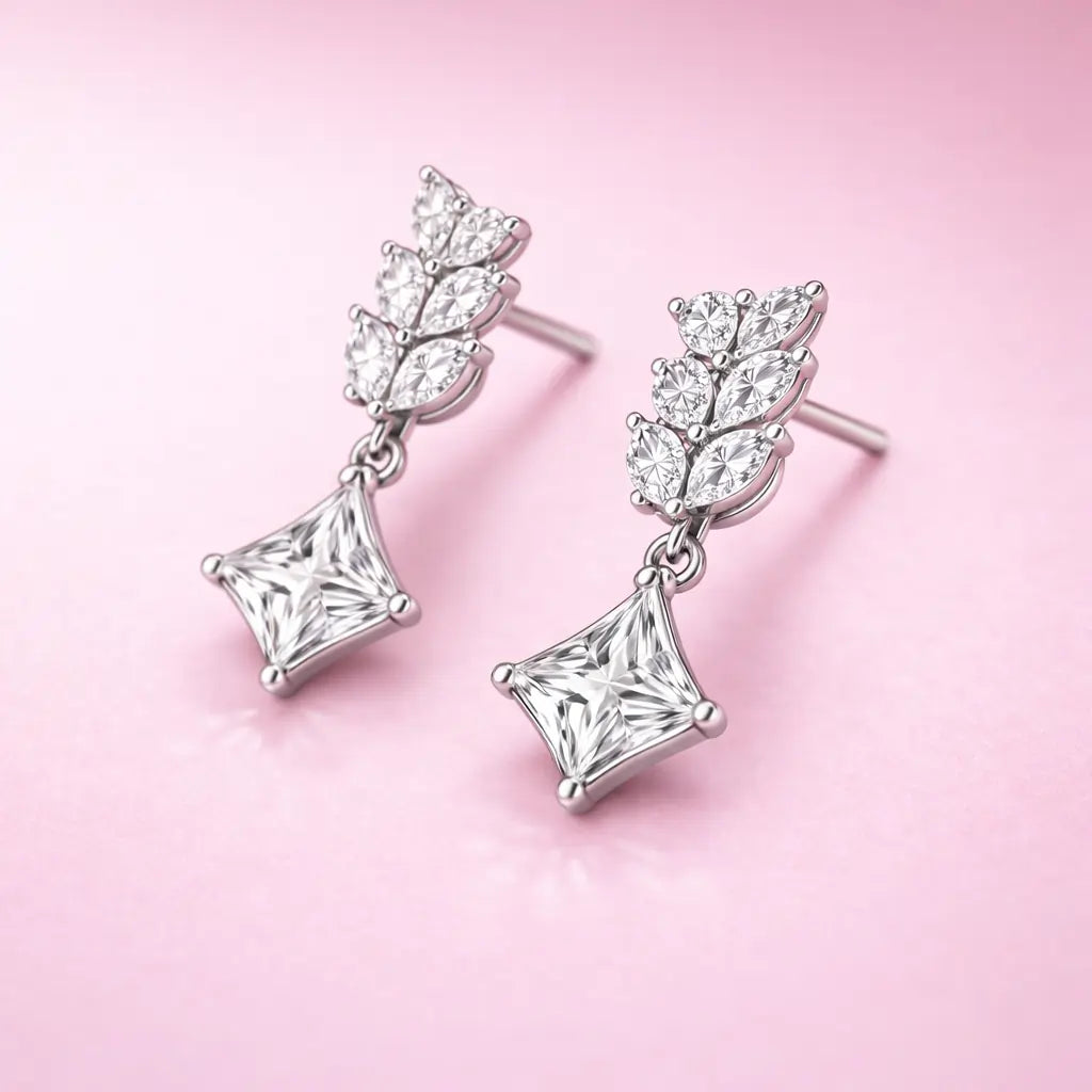 Swarovski Leaf Drop Earrings – Sterling Silver 925 Princess Cut Dangle Earrings