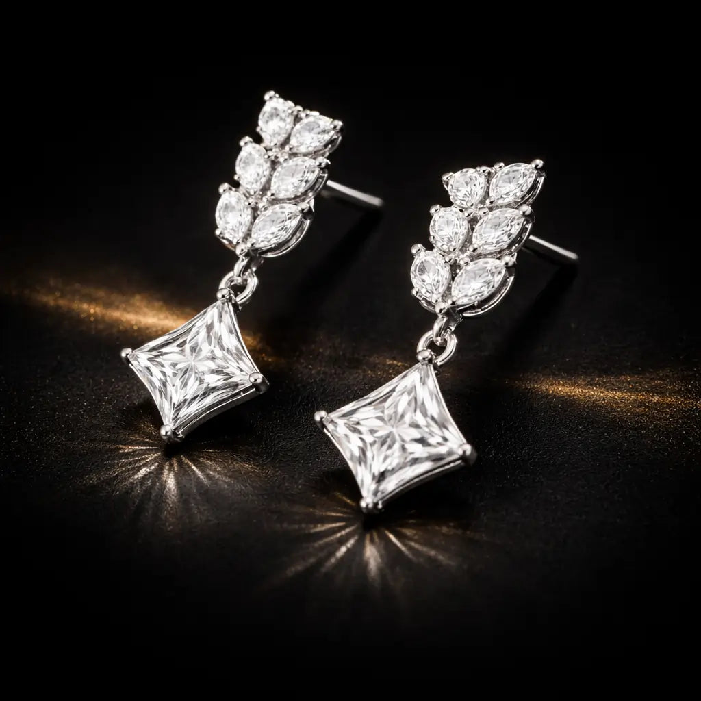 Swarovski Leaf Drop Earrings – Sterling Silver 925 Princess Cut Dangle Earrings