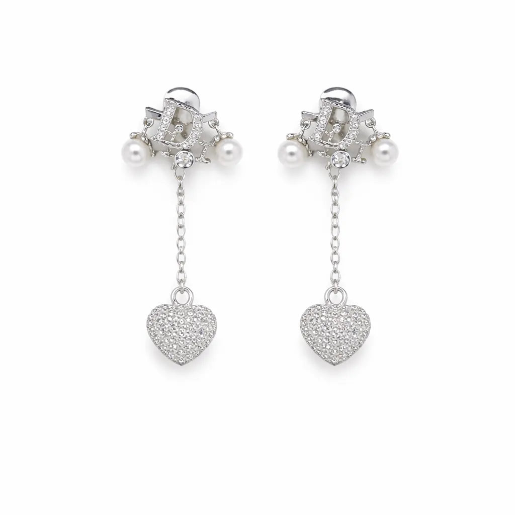 Dior-Inspired Heart Drop Earrings – Sterling Silver 925 Pearl Chain Dangle Earrings