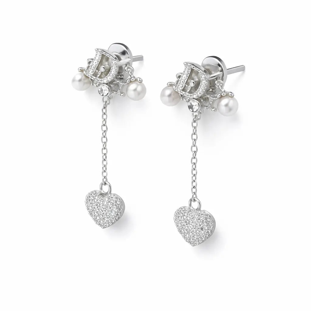 Dior-Inspired Heart Drop Earrings – Sterling Silver 925 Pearl Chain Dangle Earrings