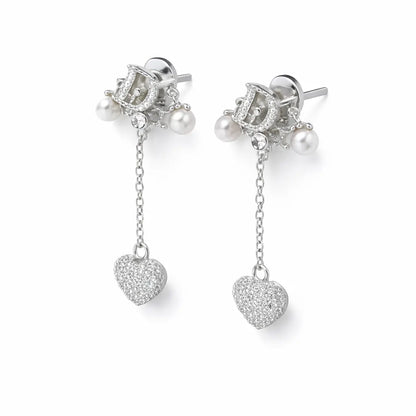 Dior-Inspired Heart Drop Earrings – Sterling Silver 925 Pearl Chain Dangle Earrings