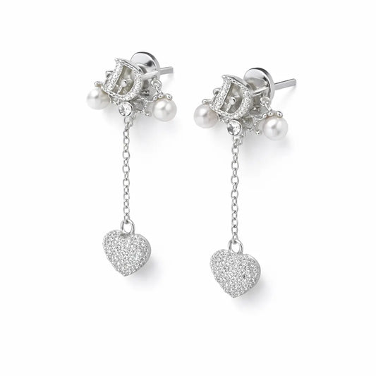 Dior-Inspired Heart Drop Earrings – Sterling Silver 925 Pearl Chain Dangle Earrings