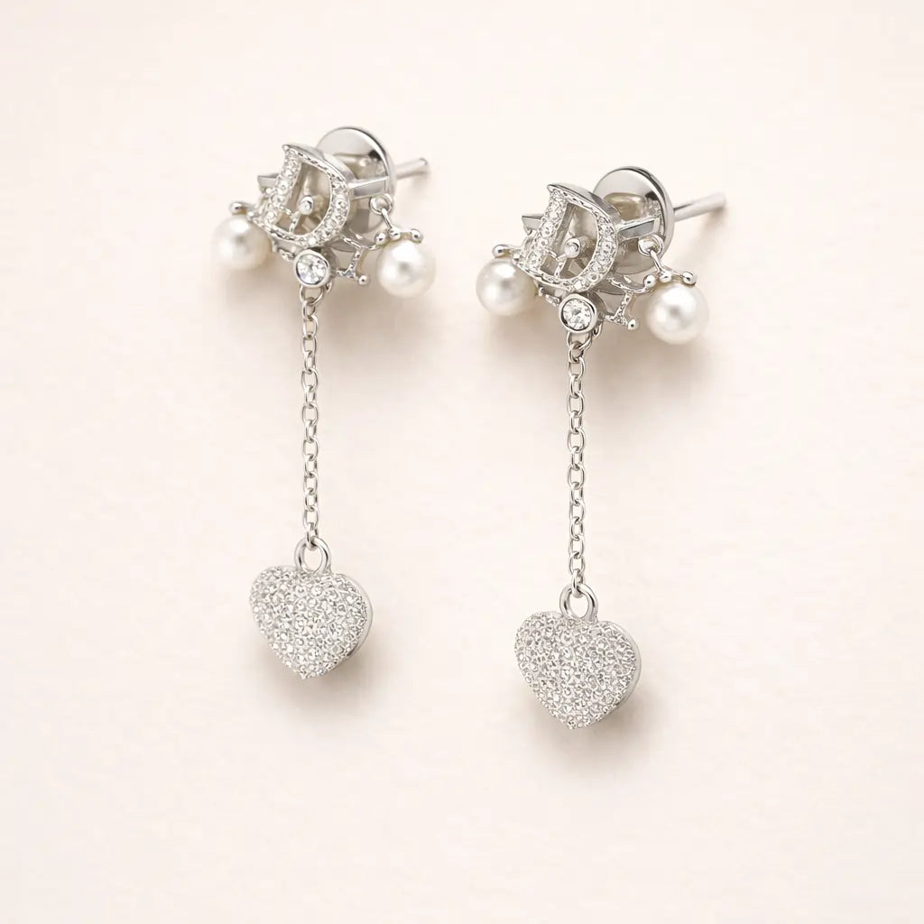 Dior-Inspired Heart Drop Earrings – Sterling Silver 925 Pearl Chain Dangle Earrings