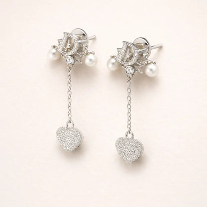 Dior-Inspired Heart Drop Earrings – Sterling Silver 925 Pearl Chain Dangle Earrings