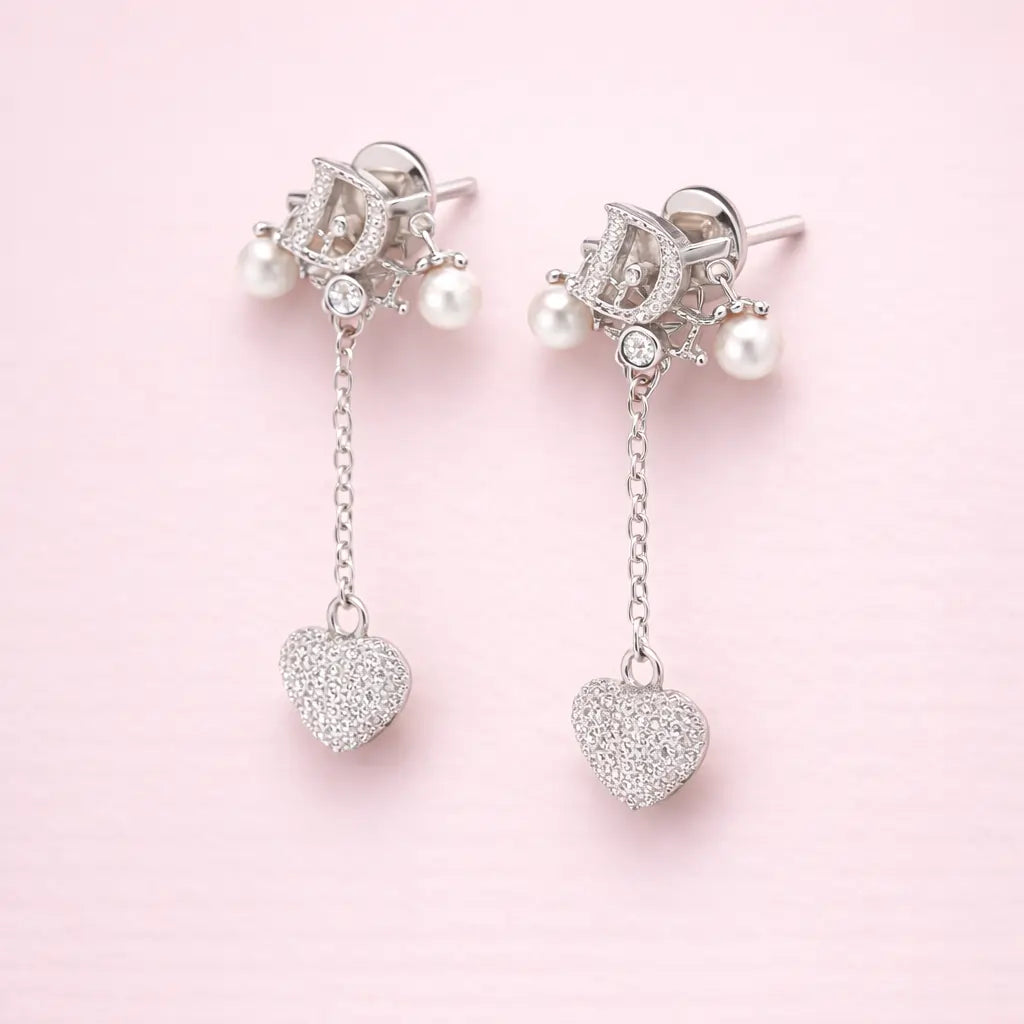 Dior-Inspired Heart Drop Earrings – Sterling Silver 925 Pearl Chain Dangle Earrings
