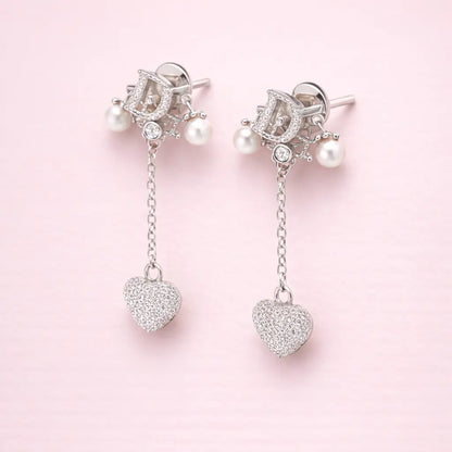 Dior-Inspired Heart Drop Earrings – Sterling Silver 925 Pearl Chain Dangle Earrings